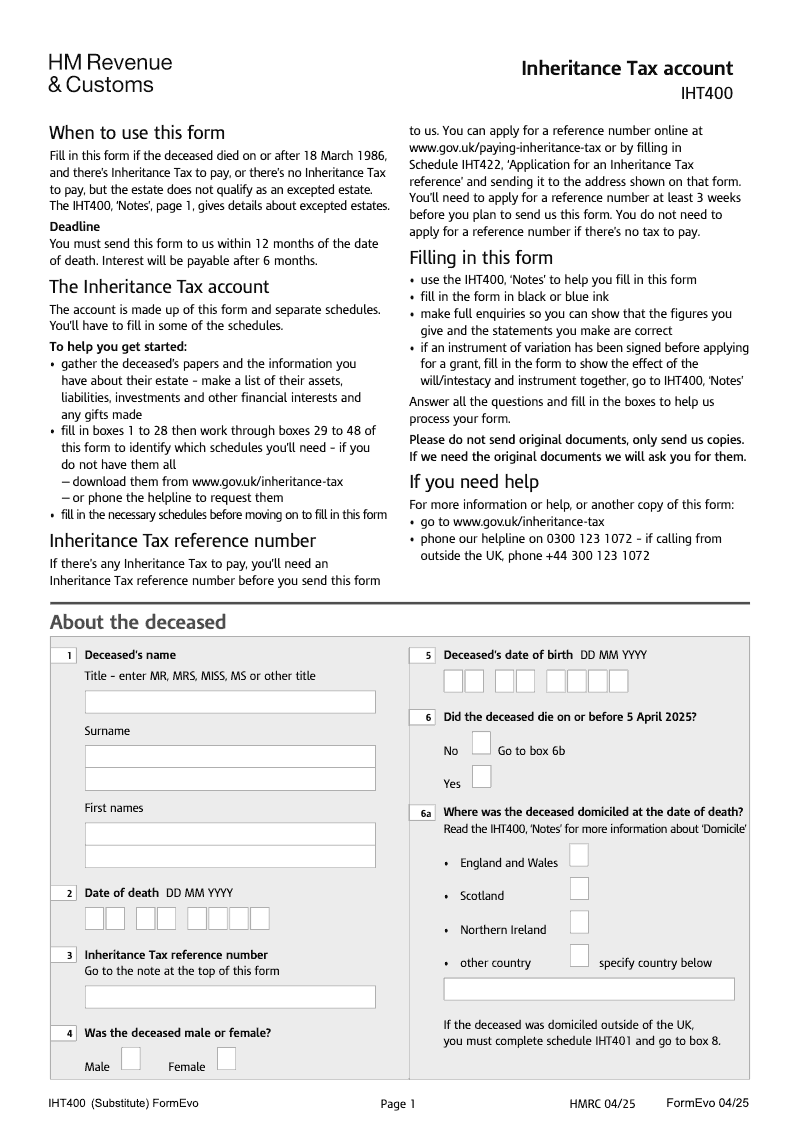 SA IHT400 Inheritance Tax account Standalone version preview
