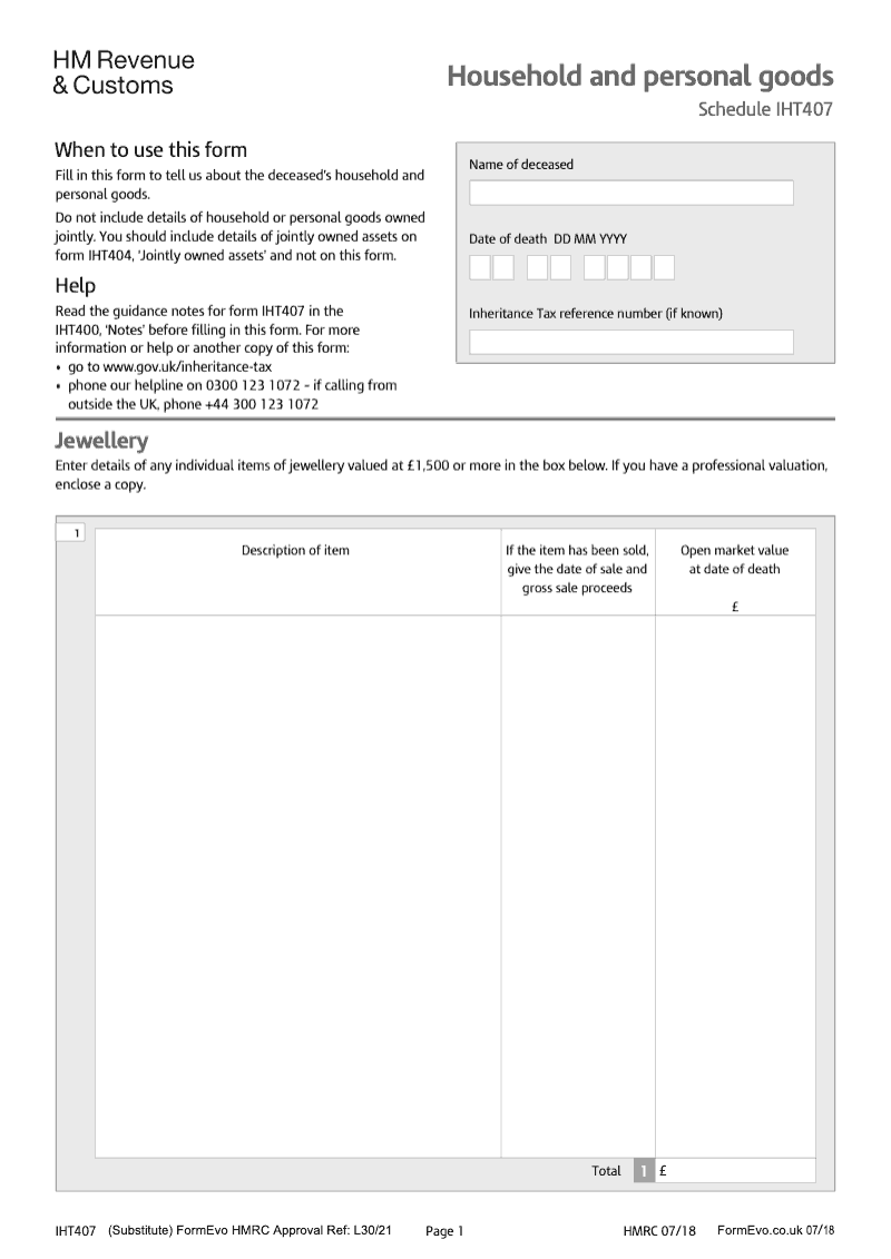 SA IHT407 Household and personal goods Schedule IHT407 Standalone version preview