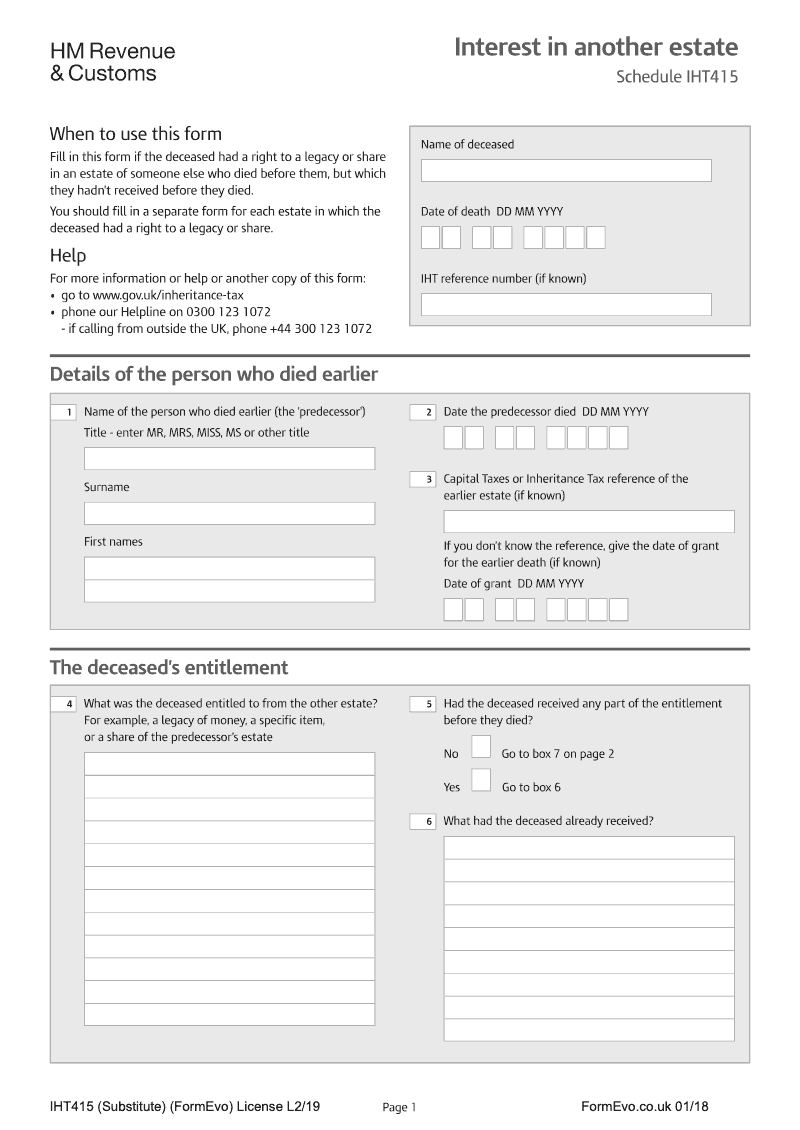 SA IHT415 Interest in another estate Schedule IHT415 Standalone version preview