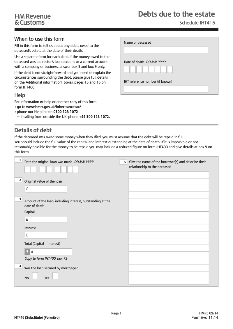 SA IHT416 Debts due to the estate Schedule IHT416 Standalone version preview