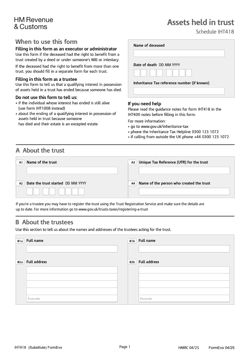SA IHT418 Assets held in trust Schedule IHT418 Standalone version preview