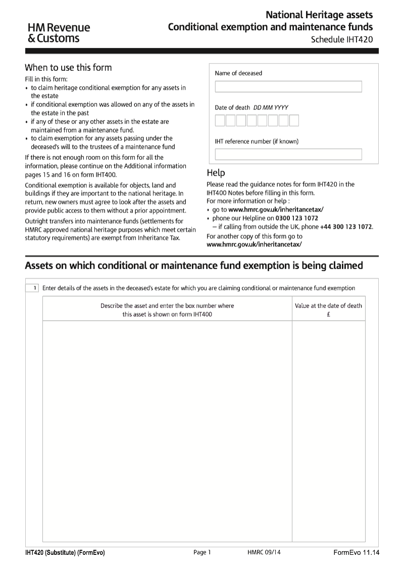 SA IHT420 National Heritage assets Conditional exemption and maintenance funds Schedule IHT420 Standalone version preview