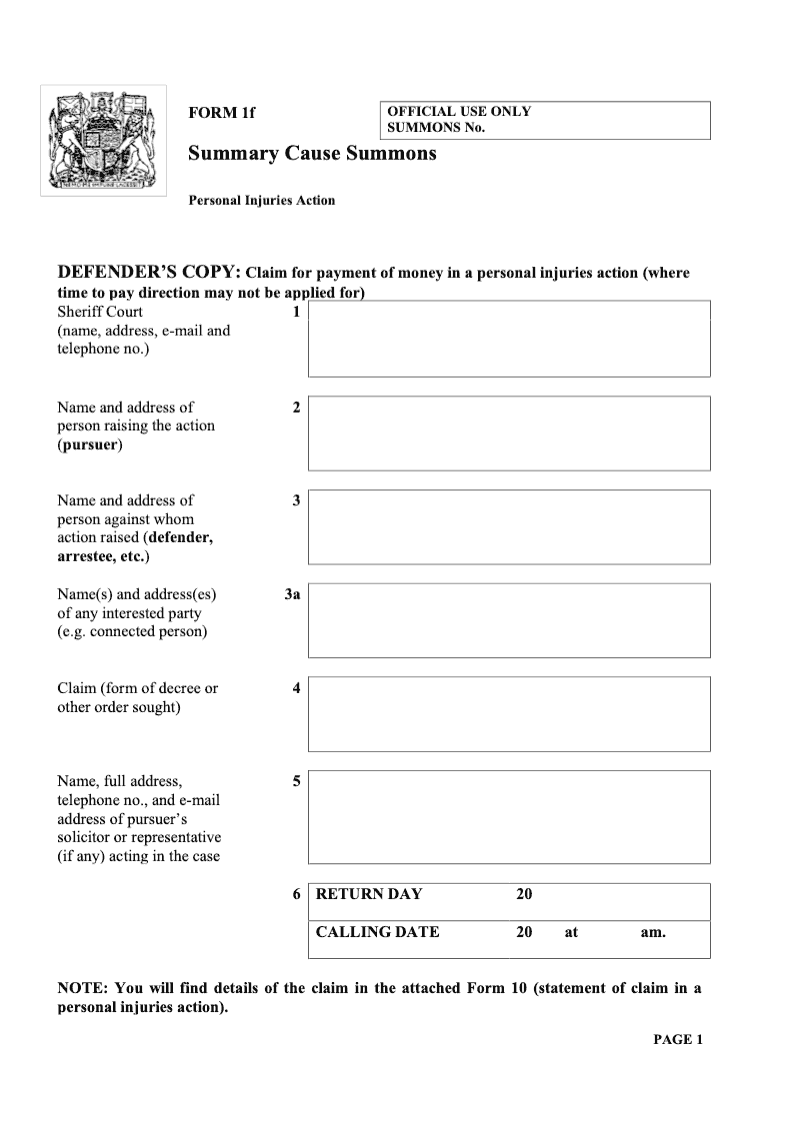 SC1f Summary Cause Summons Personal Injuries Action preview