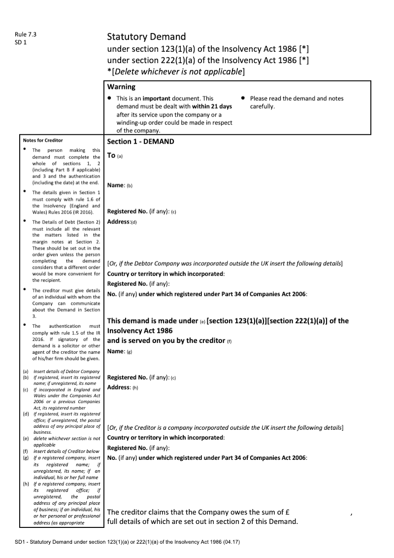 How To Fill In A Statutory Demand Form