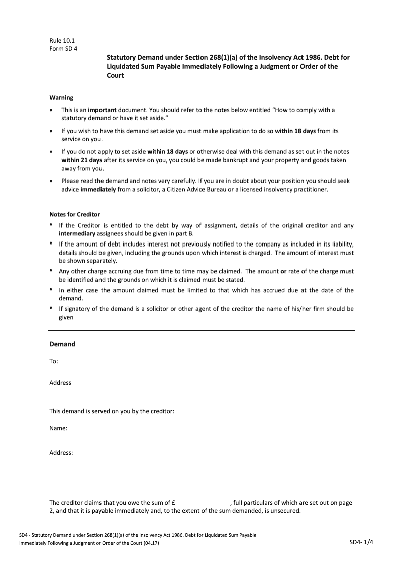 SD4 Statutory Demand under section 268 1 a of the Insolvency Act 1986 Debt for Liquidation Sum Payable Immediately Following a Judgment or Order of the Court preview