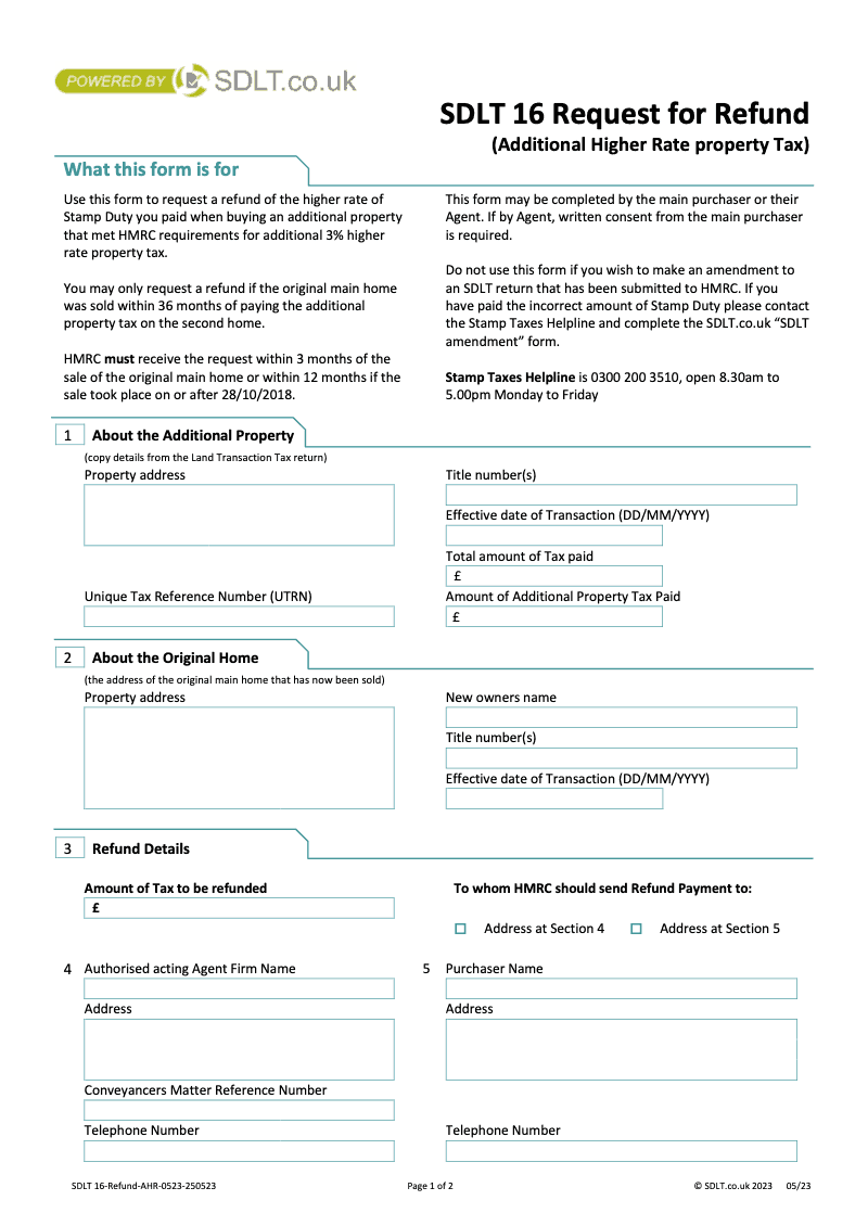 SDLT 16 Refund Request for Refund (SDLT 16) Stamp Duty Land Tax