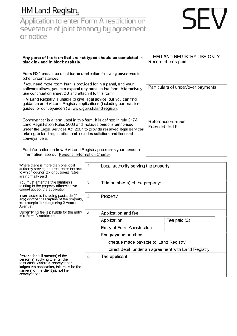 SEV Application to enter a Form A restriction on severance of joint