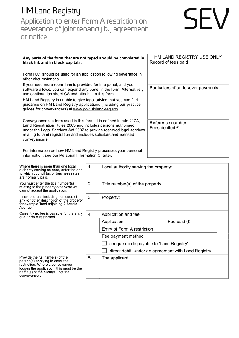 SEVX Application to enter a Form A restriction on severance of joint tenancy by agreement or notice Word Version preview