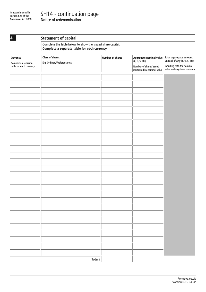 SH14 Continuation Page 1 Statement of capital continuation page SH14 Notice of redenomination Section 625 preview