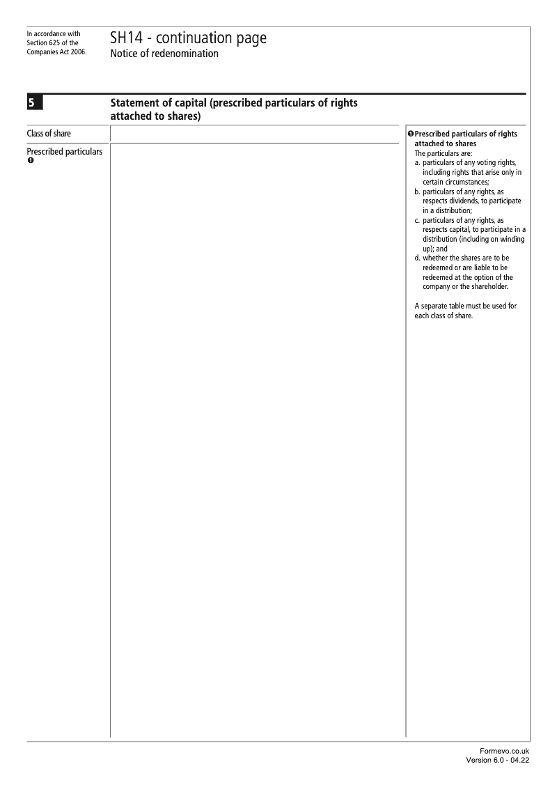 SH14 Continuation Page 2 Statement of capital Prescribed particulars of rights attached to shares continuation page SH14 Notice of redenomination Section 625 preview