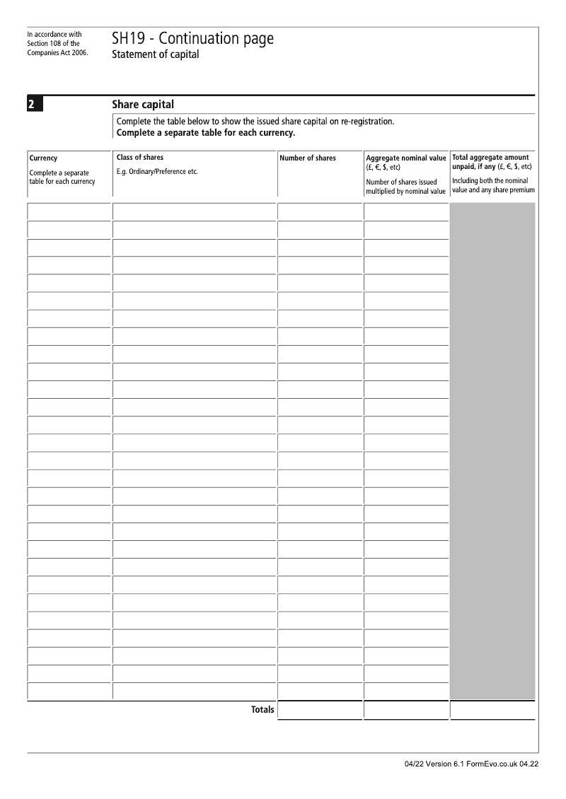 SH19 Section 108 Continuation Page 1 Statement of capital continuation page SH19 Statement of capital Section 108 preview