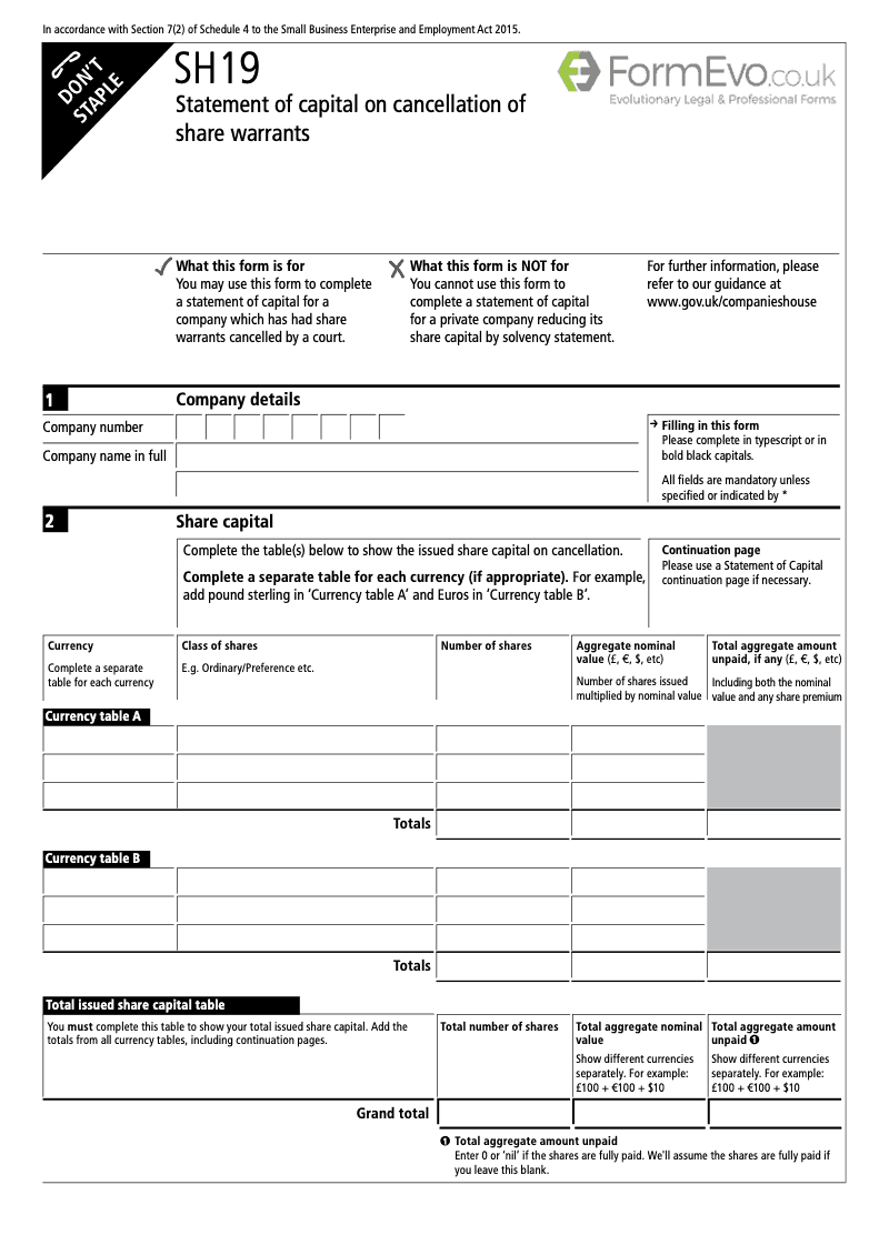 SH19 Section 7 2 Statement of capital on cancellation of share warrants Section 7 2 of Schedule 4 to the Small Business Enterprise and Employment Act 2015 preview
