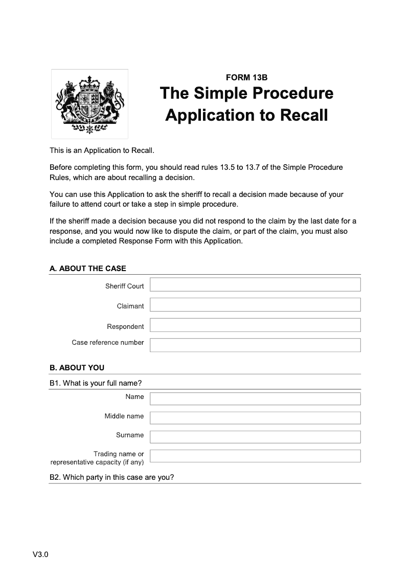 SP FORM13B 2 Simple Procedure Application to Recall This Form only applies where the decision was made on or after 30 July 2018 preview