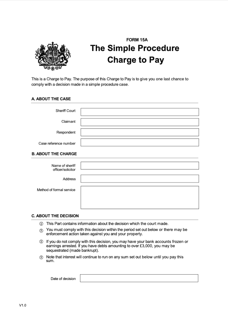 SP FORM15A Simple Procedure Charge to Pay This Form only applies where a decision in a simple procedure case was made before 15 June 2017 preview