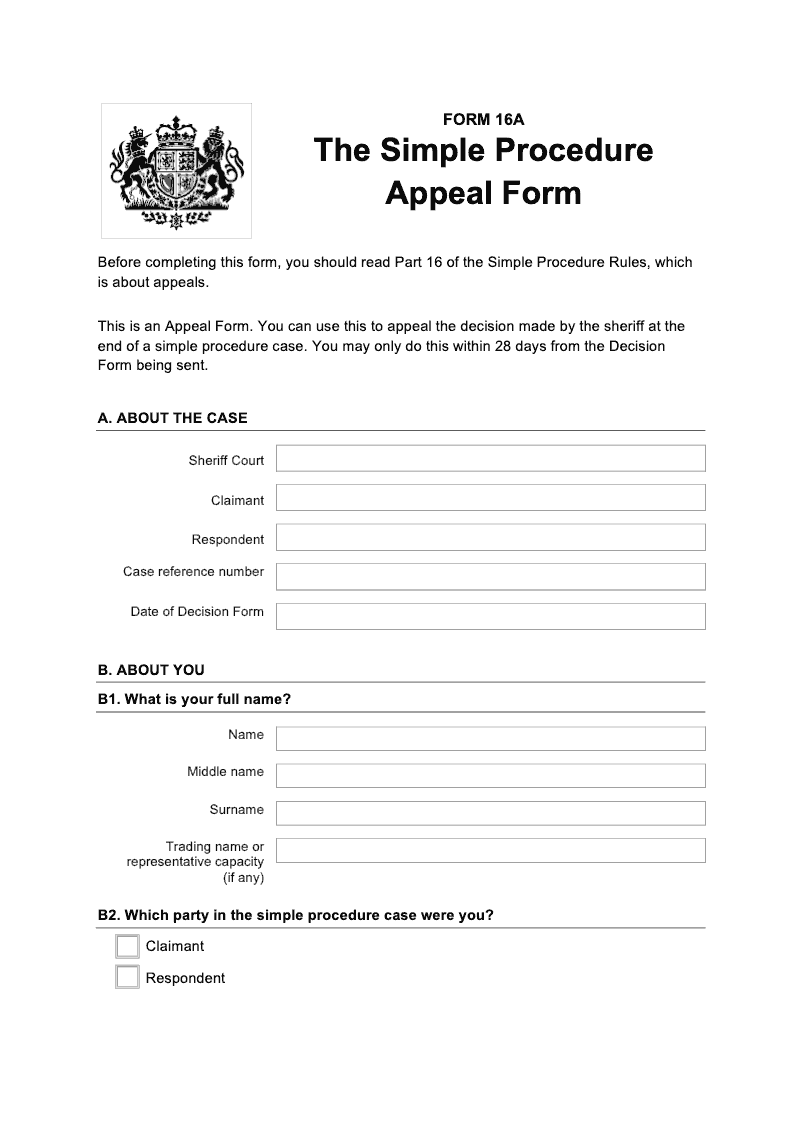 SP FORM16A Simple Procedure Appeal Form preview