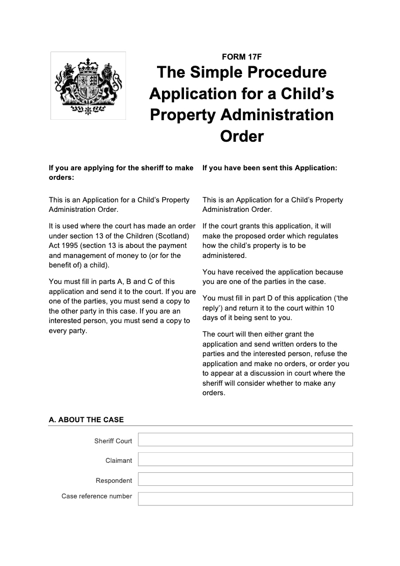 SP FORM17F Simple Procedure Application for a Child s Property Administration Order preview