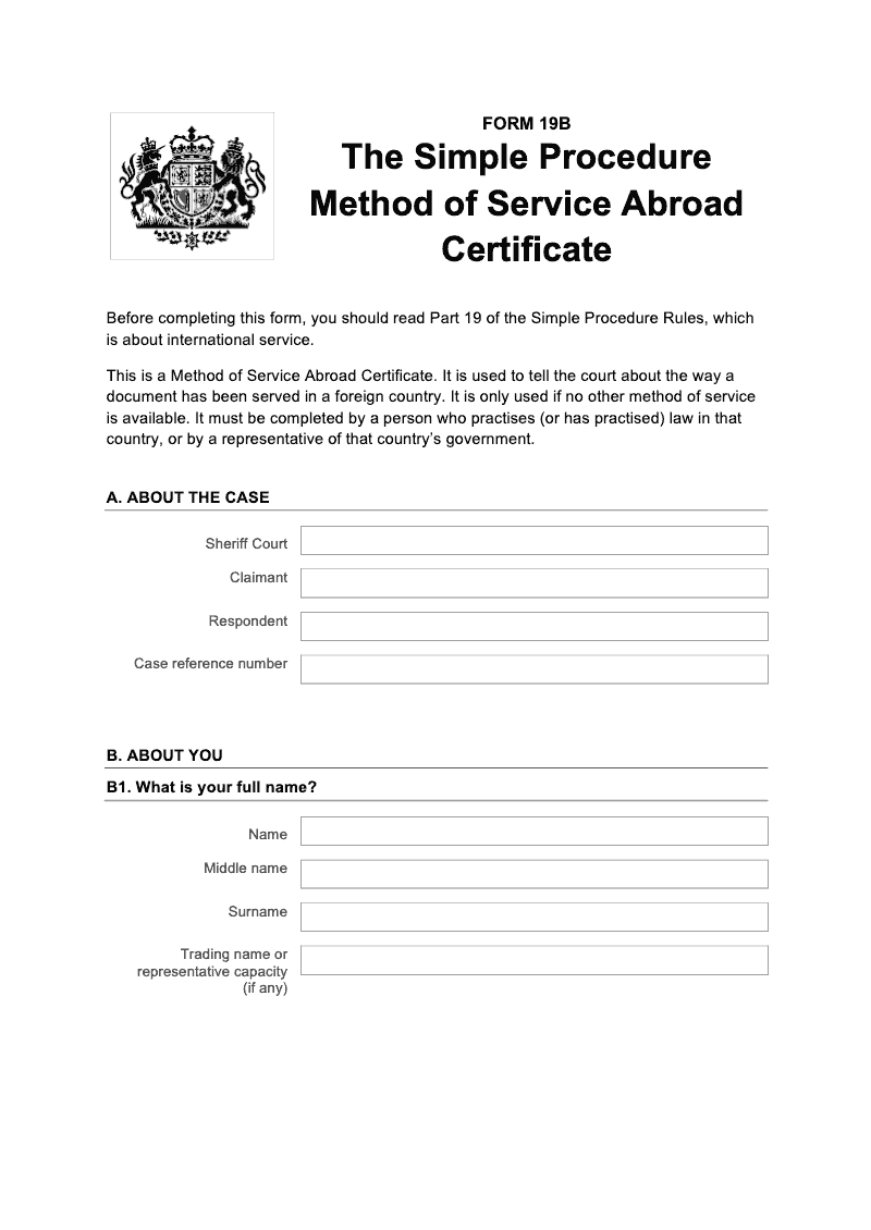 SP FORM19B Simple Procedure Method of Service Abroad Certificate preview