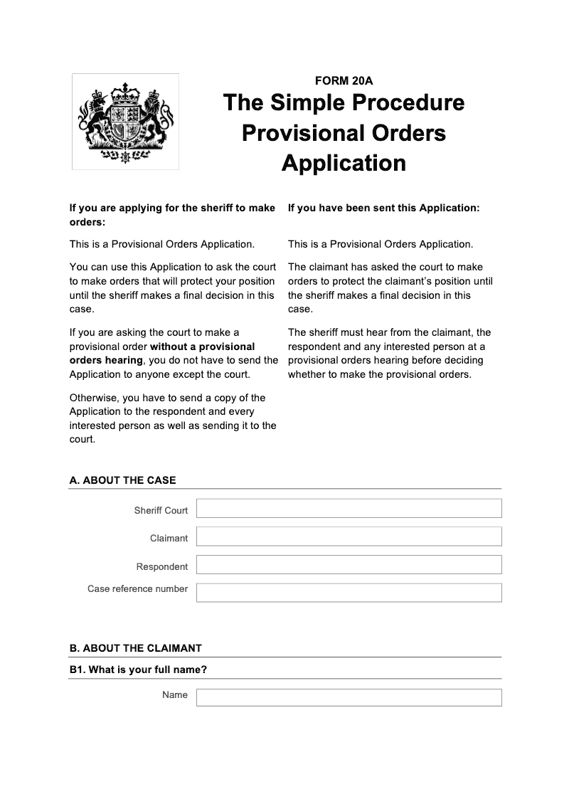 SP FORM20A Simple Procedure Provisional Orders Application preview