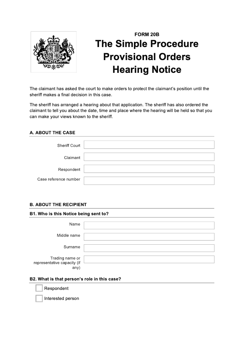 SP FORM20B Simple Procedure Provisional Orders Hearing Notice preview