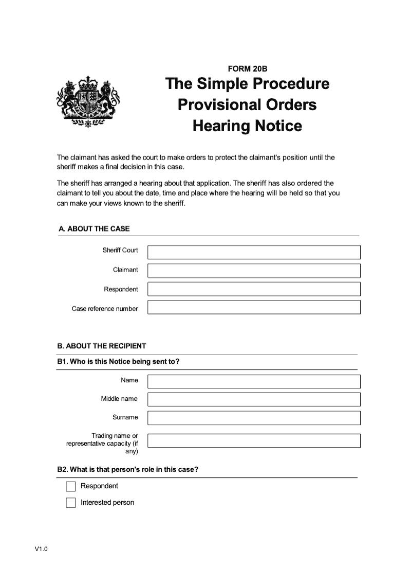 SP FORM20B Simple Procedure Provisional Orders Hearing Notice
