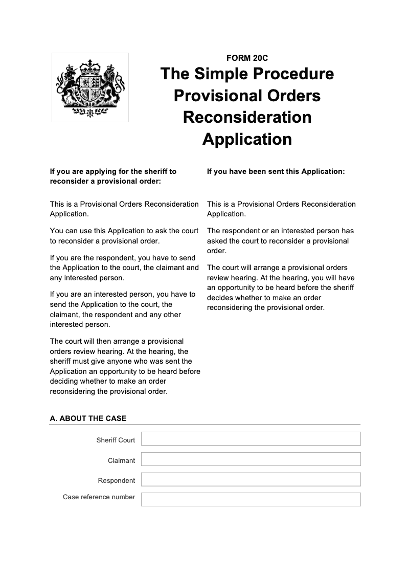 SP FORM20C Simple Procedure Provisional Orders Reconsideration Application preview