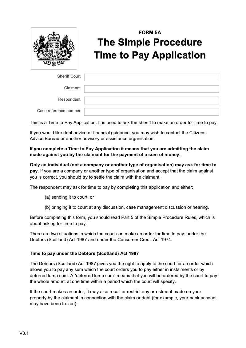 SP FORM5A Simple Procedure Time to Pay Application preview