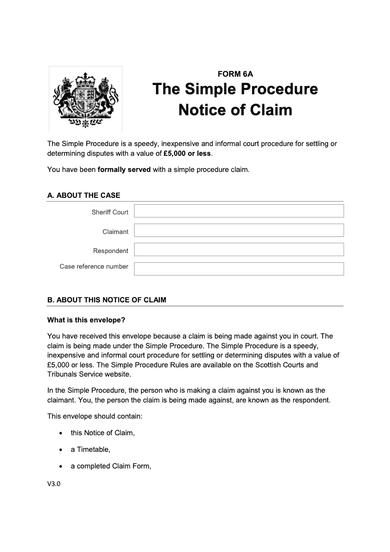 SP FORM6A Simple Procedure Notice of Claim preview