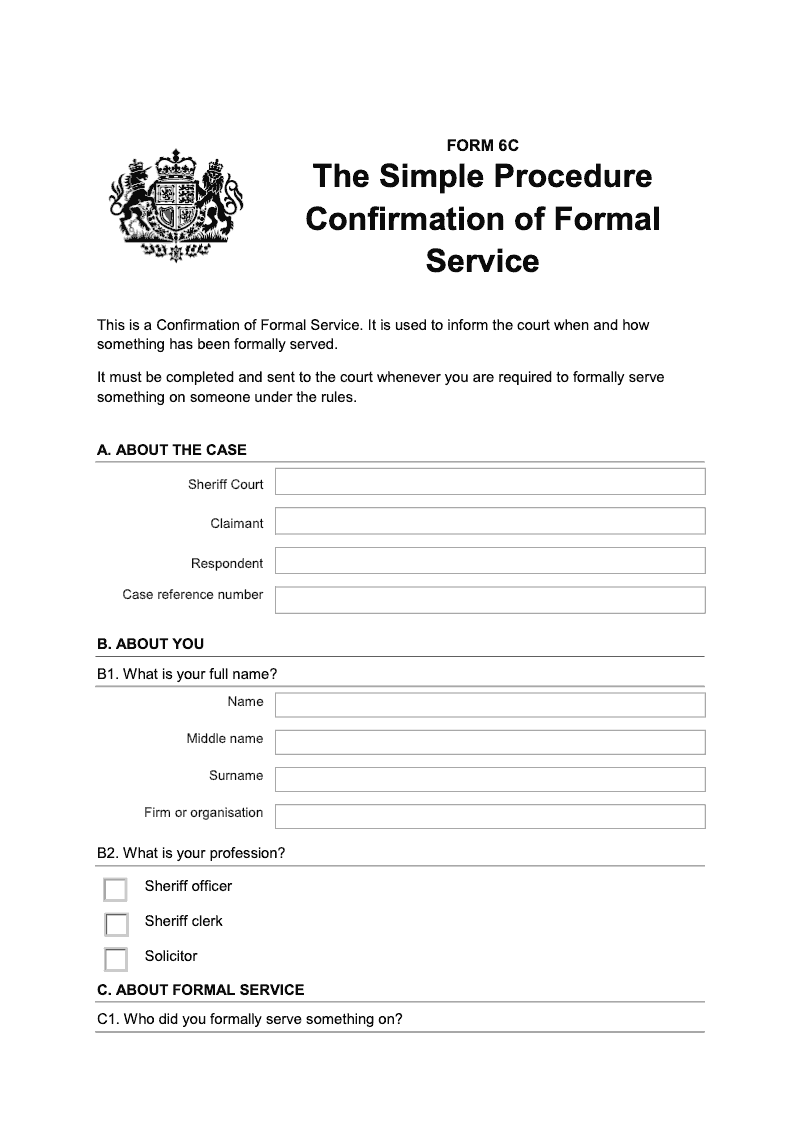 SP FORM6C Simple Procedure Confirmation of Formal Service preview
