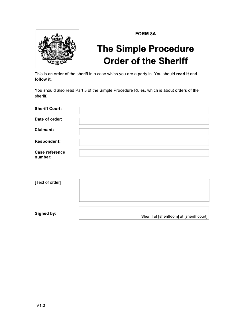SP FORM8A Simple Procedure Order of the Sheriff preview