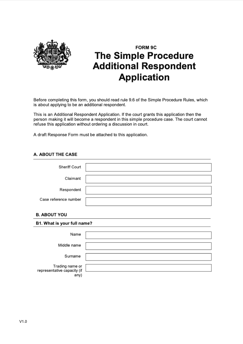 SP FORM9C Simple Procedure Additional Respondent Application preview