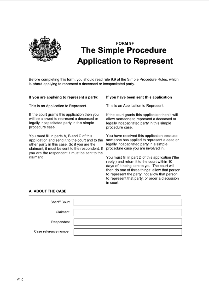 SP FORM9F Simple Procedure Application to Represent preview