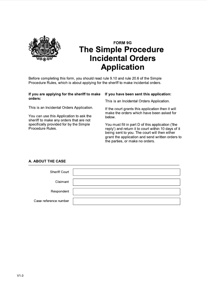 SP FORM9G Simple Procedure Incidental Orders Application preview