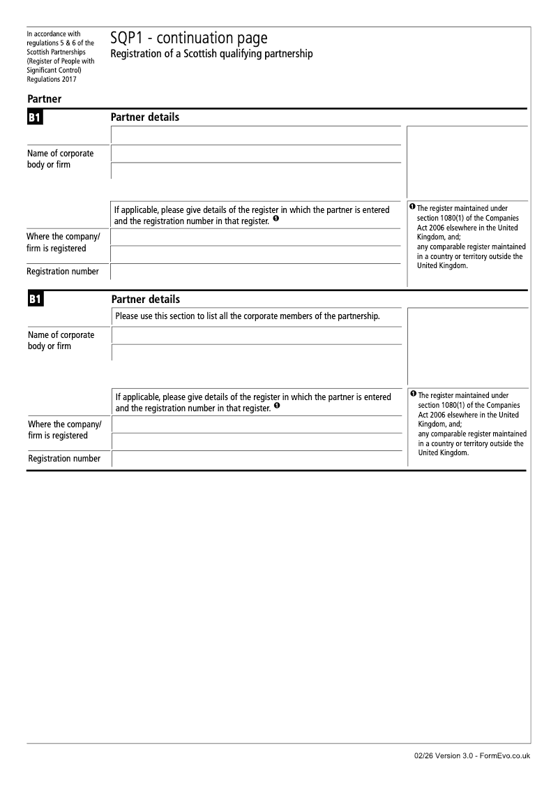 SQP1 Continuation Page 1 Section B1 partner details continuation page SQP1 Registration of a Scottish qualifying partnership preview
