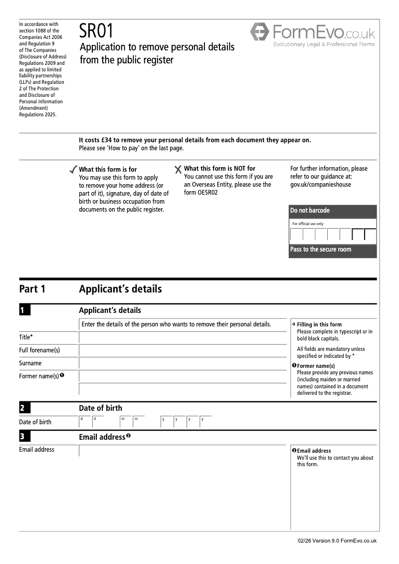 SR01 Application under section 1088 by an individual to make an address unavailable for public inspection preview