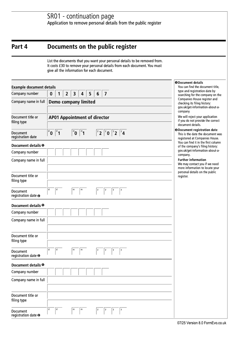SR01 ContinuationPage Application under section 1088 by an individual to make an address unavailable for public inspection continuation page preview