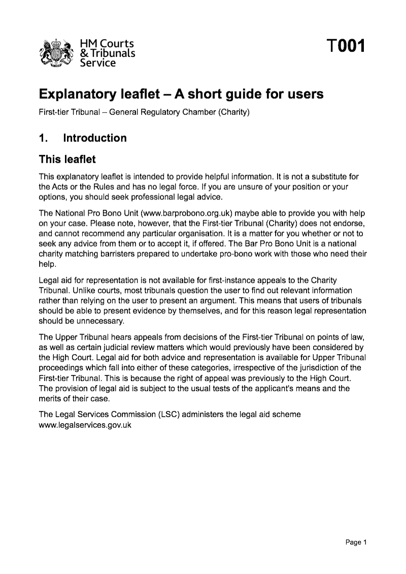 T001 Explanatory leaflet A short guide for users First tier Tribunal General Regulator Chamber Charity preview