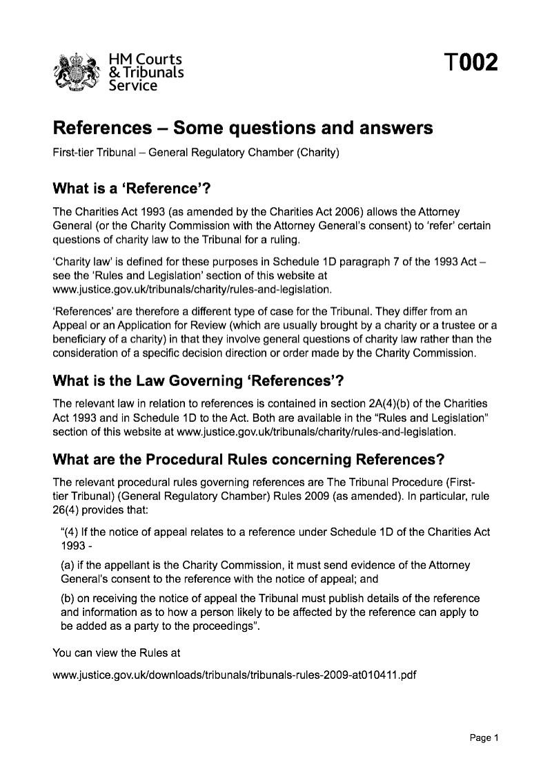 T002 References Some questions and answers First tier Tribunal General Regulator Chamber Charity preview