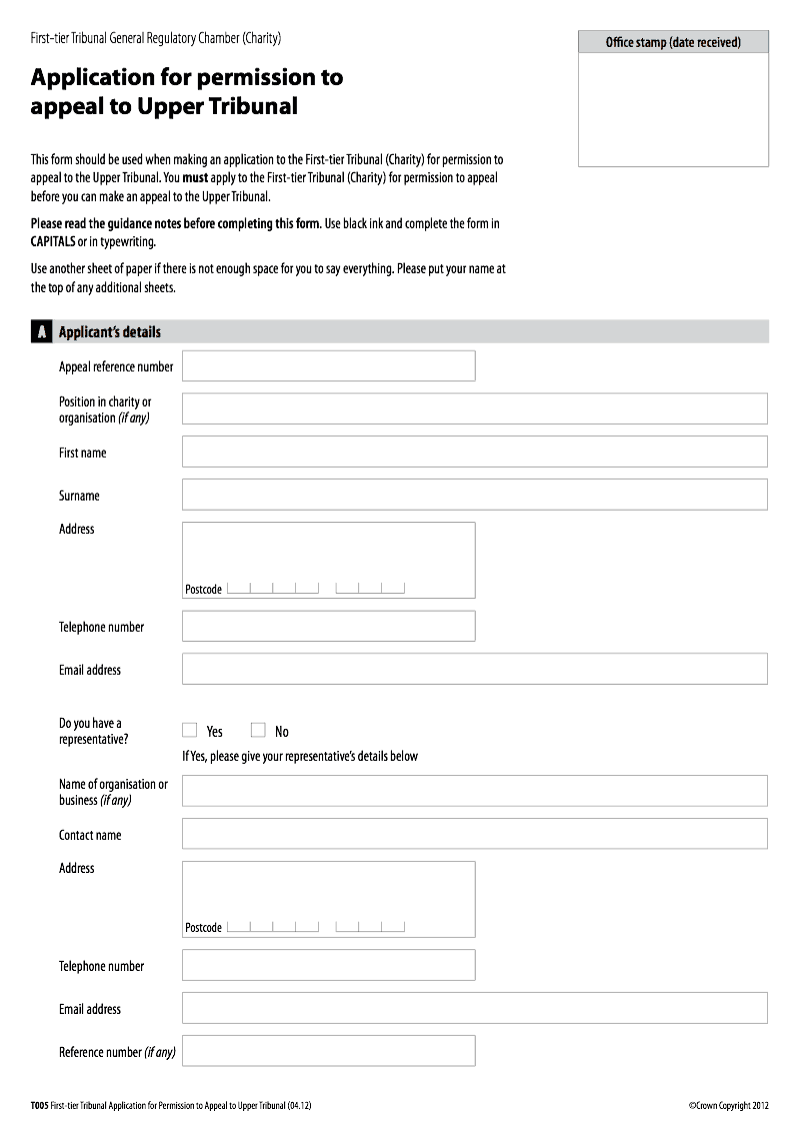 T005 Application for permission to appeal to Upper Tribunal First tier Tribunal General Regulatory Chamber Charity preview