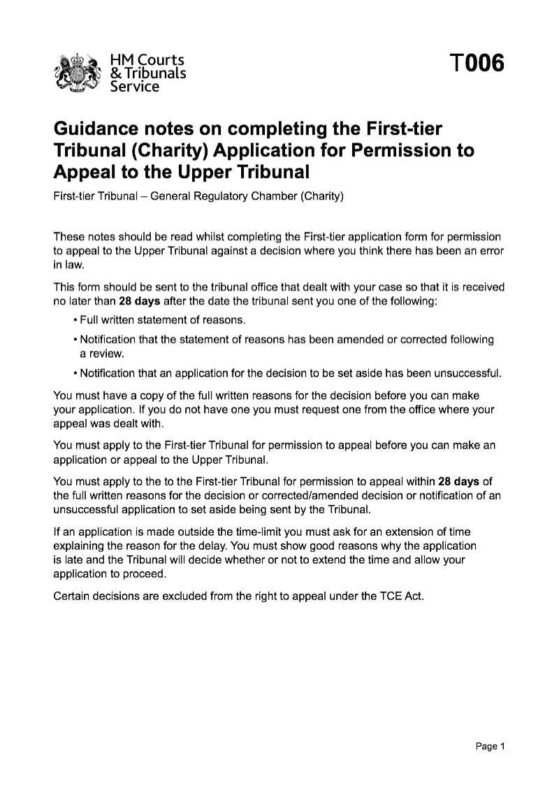 T006 Guidance notes on completing the First tier Tribunal Charity Application for Permission to Appeal to the Upper Tribunal Form T005 Preview