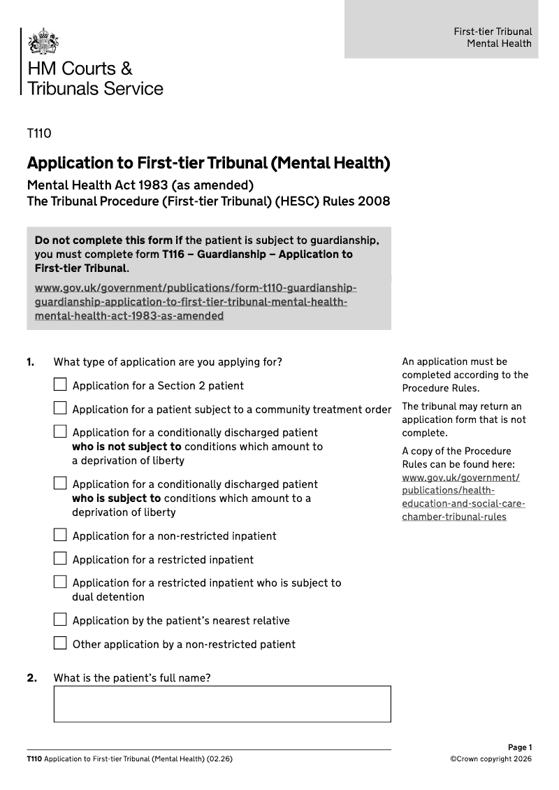 T110 Application to First tier Tribunal Mental Health preview