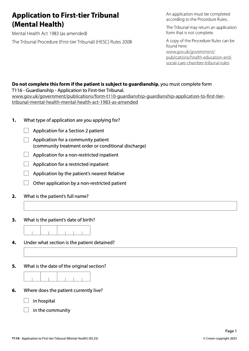 T110 Application to First tier Tribunal Mental Health preview