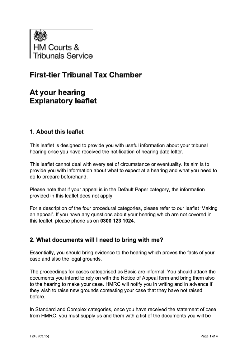 T243 Explanatory leaflet At your hearing First tier Tribunal Tax Chamber preview