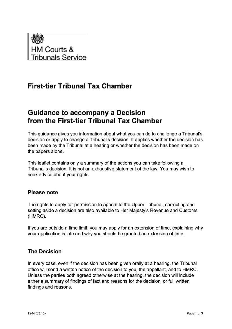 T244 Notes for guidance to accompany a decision from the First tier Tribunal Tax Chamber preview