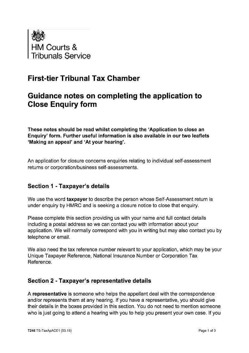 T246 Notes for guidance on completing the Application to Close Enquiry form First tier Tribunal Tax Chamber preview