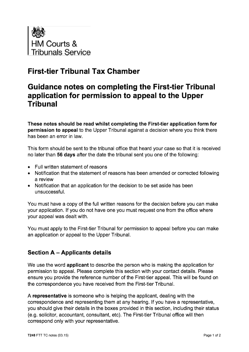 T248 Notes for guidance on completing the First tier Tribunal application for permission to appeal to the Upper Tribunal First tier Tribunal Tax Chamber preview