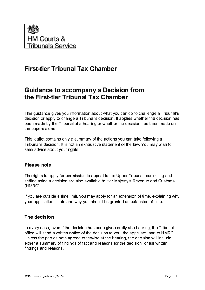 T249 Notes for guidance to accompany a decision from the First tier Tribunal Tax Chamber preview