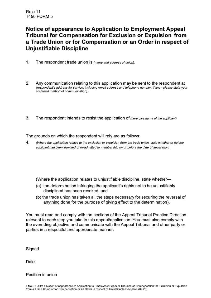 T456_FORM5 Notice of appearance to Application to Employment Appeal Tribunal for Compensation for Exclusion or Expulsion from a Trade Union or for Compensation or an Order in respect of Unjustifiable Discipline electronic signature available preview