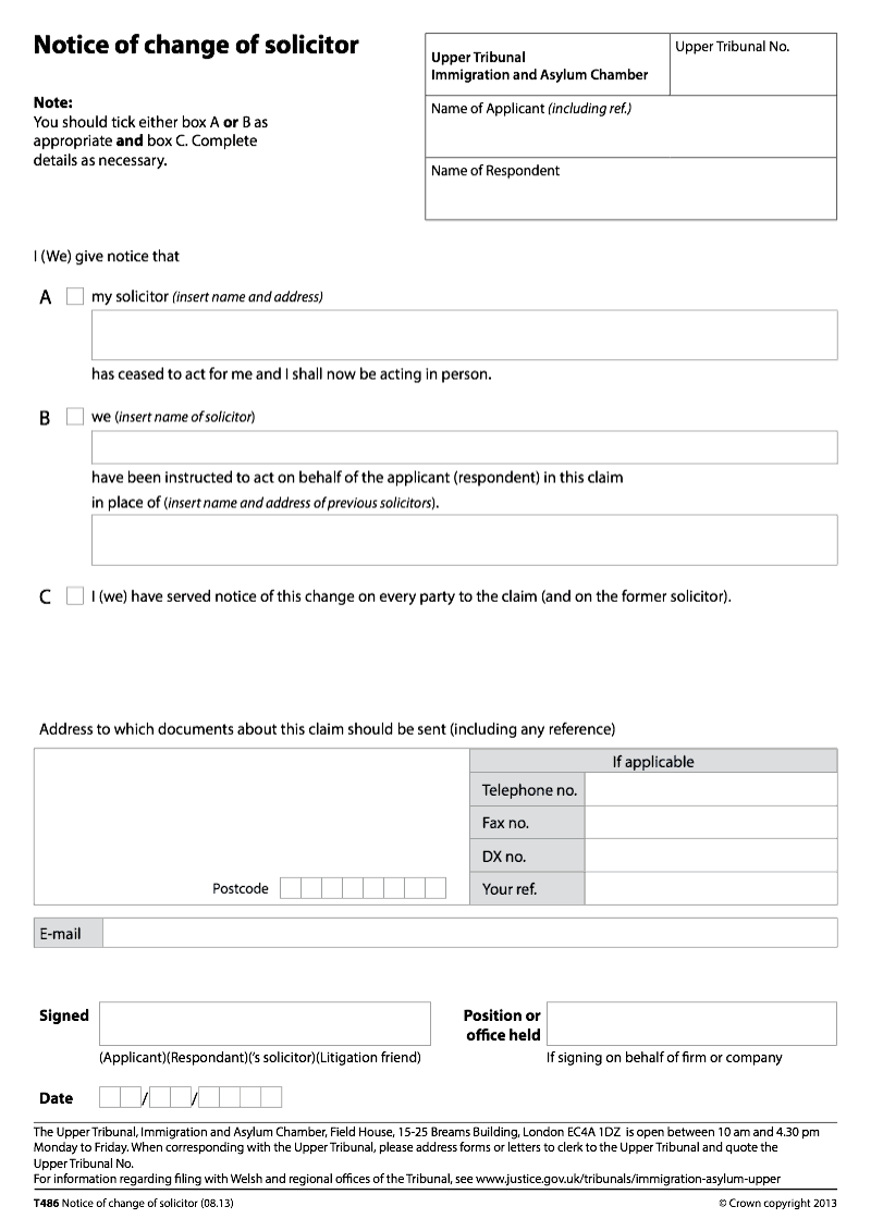 T486 Notice of change of solicitor Upper Tribunal Immigration and Asylum Chamber preview