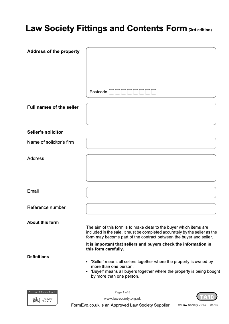 TA10 TA10 Law Society Fittings and Contents Form 3rd edition electronic signature available preview