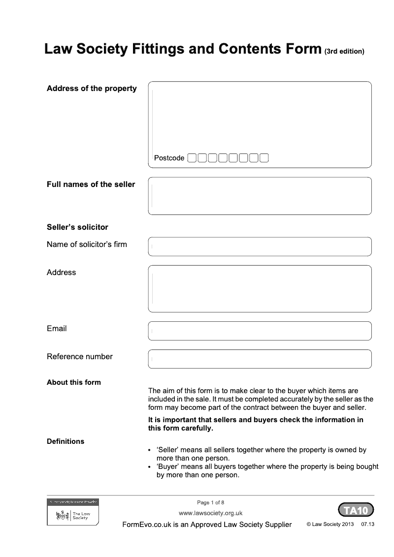 TA10 (TA10) Law Society Fittings and Contents Form (3rd edition) electronic signature available